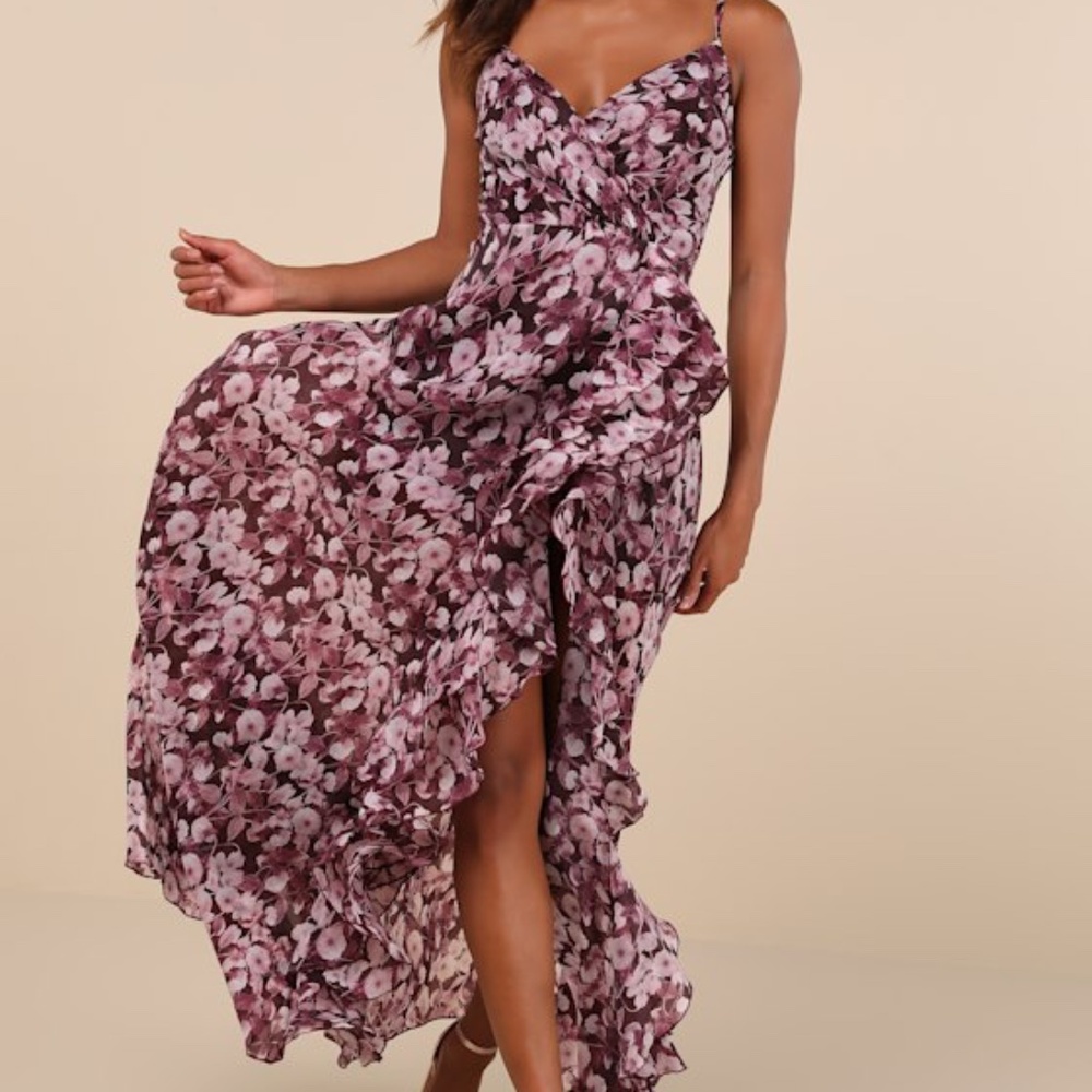 Lulus Illustrious Aura Plum Purple Floral Ruffled Surplice Maxi Dress - Size L